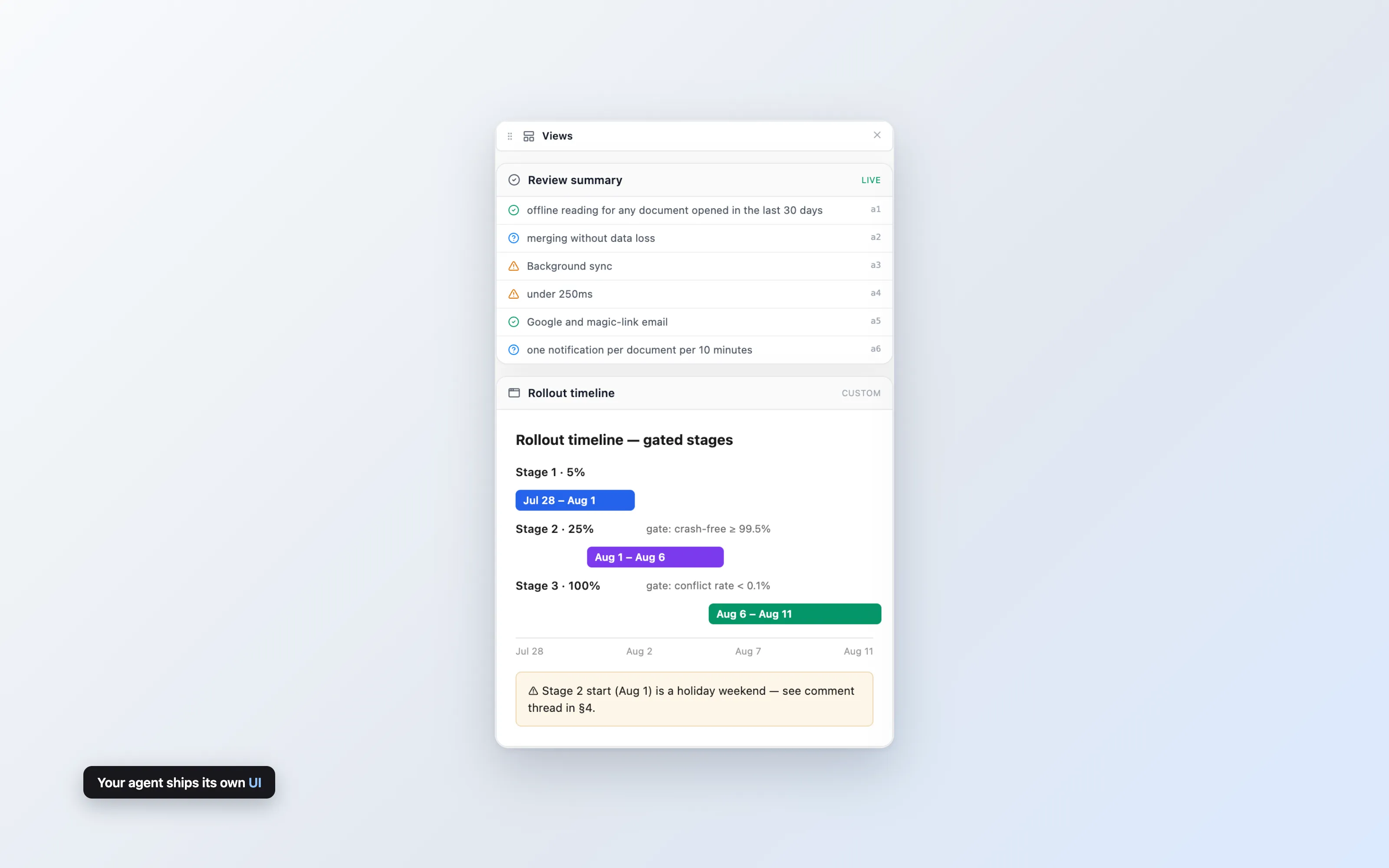 The Views pane: prebuilt and agent-built views beside the document